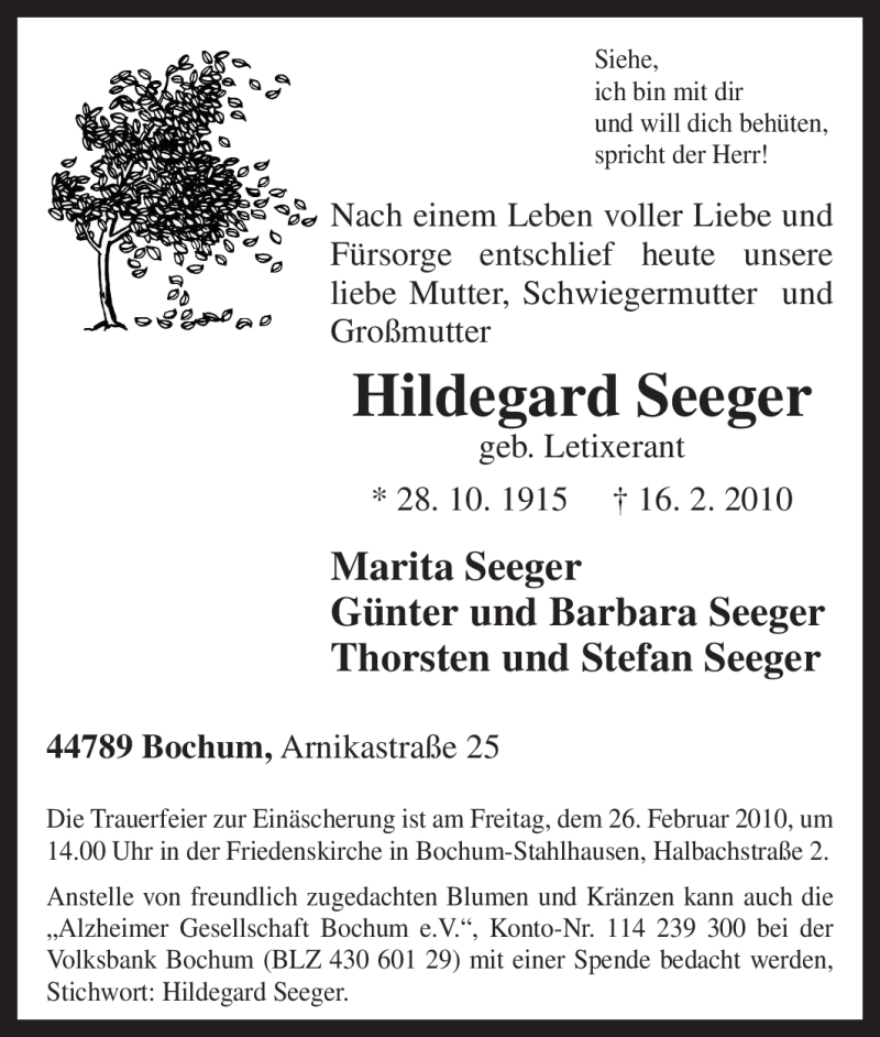  Traueranzeige für Hildegard Seeger vom 20.02.2010 aus Tageszeitung