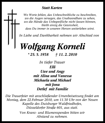 Traueranzeige von Wolfgang Korneli von Tageszeitung
