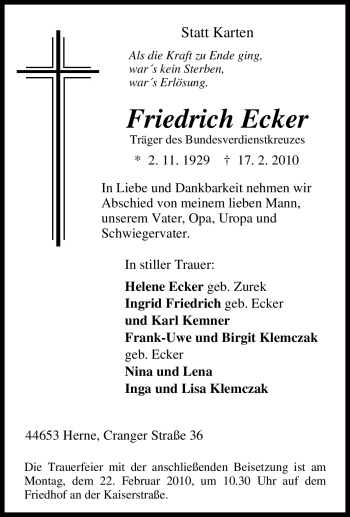 Traueranzeige von Friedrich Ecker von Tageszeitung