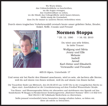 Traueranzeige von Normen Stoppa von Tageszeitung