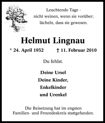 Traueranzeige von Helmut Lingnau von Tageszeitung