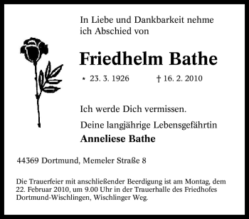Traueranzeige von Friedhelm Bathe von Tageszeitung