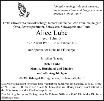 Traueranzeige von Alice Lube von Tageszeitung