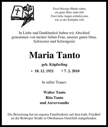 Traueranzeige von Maria Tanto von Tageszeitung