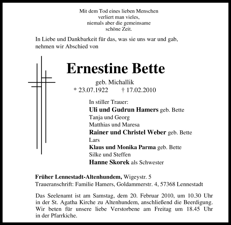  Traueranzeige für Ernestine Bette vom 18.02.2010 aus Tageszeitung