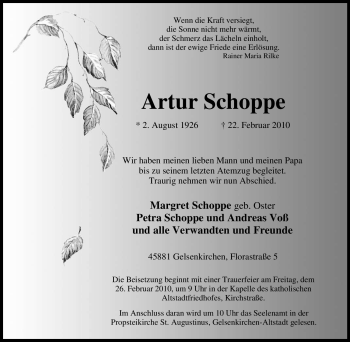 Traueranzeige von Artur Schoppe von Tageszeitung