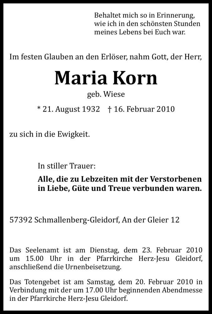  Traueranzeige für Maria Korn vom 20.02.2010 aus Tageszeitung