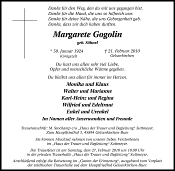 Traueranzeige von Margarete Gogolin von Tageszeitung