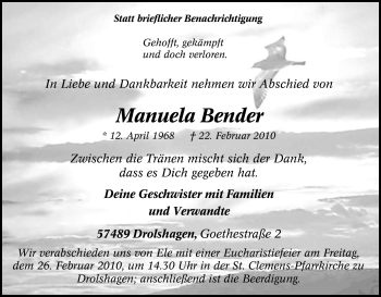 Traueranzeige von Manuela Bender von Tageszeitung