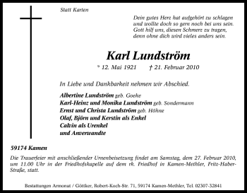 Traueranzeige von Karl Lundström von Tageszeitung
