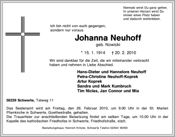 Traueranzeige von Johanna Neuhoff von Tageszeitung