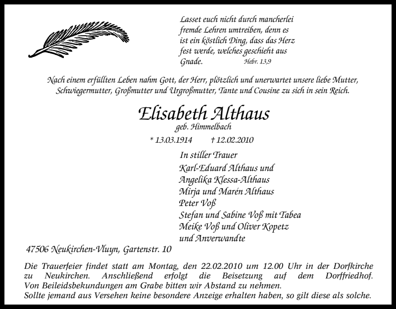  Traueranzeige für Elisabeth Althaus vom 18.02.2010 aus Tageszeitung