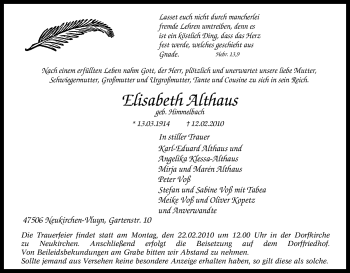 Traueranzeige von Elisabeth Althaus von Tageszeitung