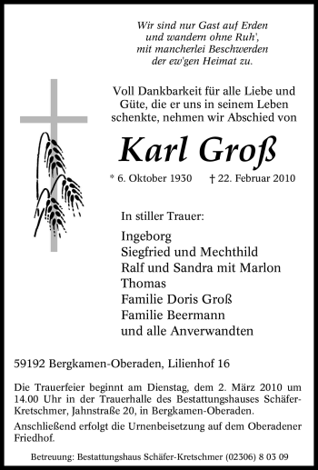 Traueranzeige von Karl Groß von Tageszeitung