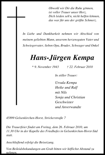 Traueranzeige von Hans-Jürgen Kempa von Tageszeitung