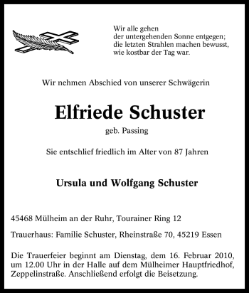 Traueranzeige von Elfriede Schuster von Tageszeitung