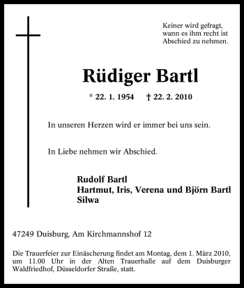 Traueranzeige von Rüdiger Bartl von Tageszeitung