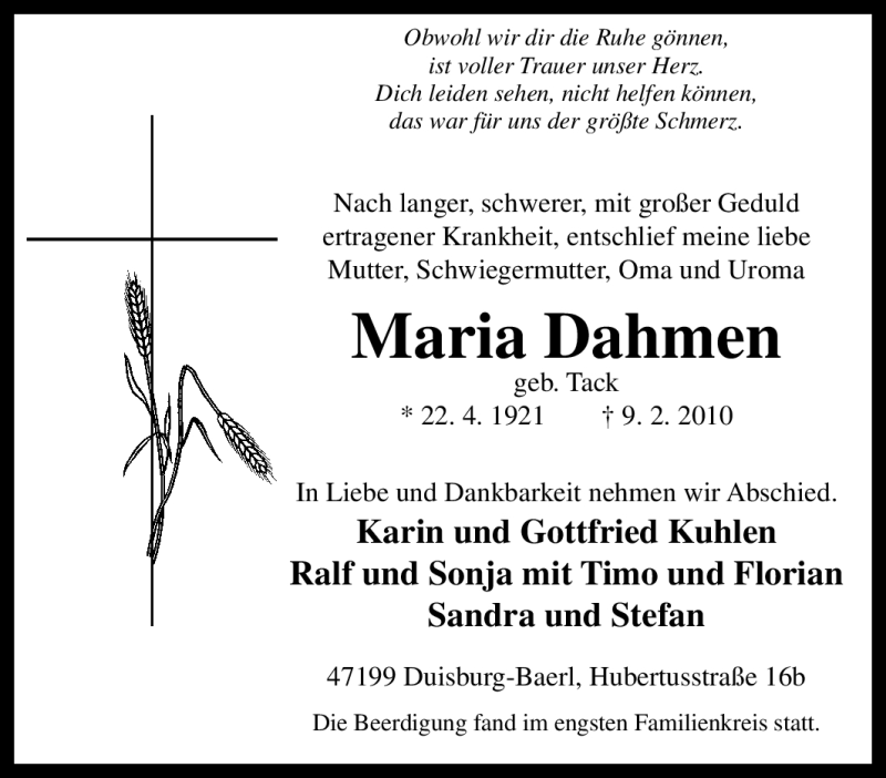  Traueranzeige für Maria Dahmen vom 20.02.2010 aus Tageszeitung