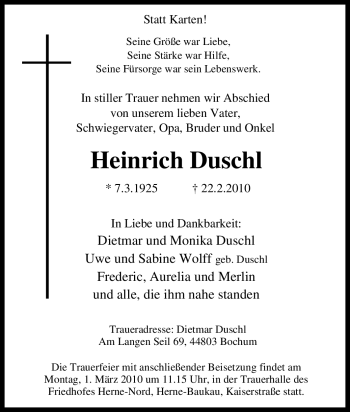 Traueranzeige von Heinrich Duschl von Tageszeitung