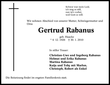 Traueranzeige von Gertrud Rabanus von Tageszeitung