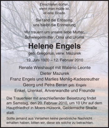 Traueranzeige von Helene Engels von Tageszeitung