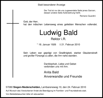 Traueranzeige von Ludwig Bald von Tageszeitung