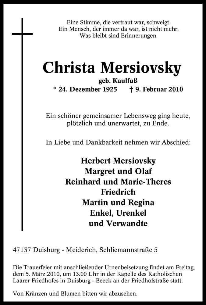  Traueranzeige für Christa Mersiovsky vom 27.02.2010 aus Tageszeitung