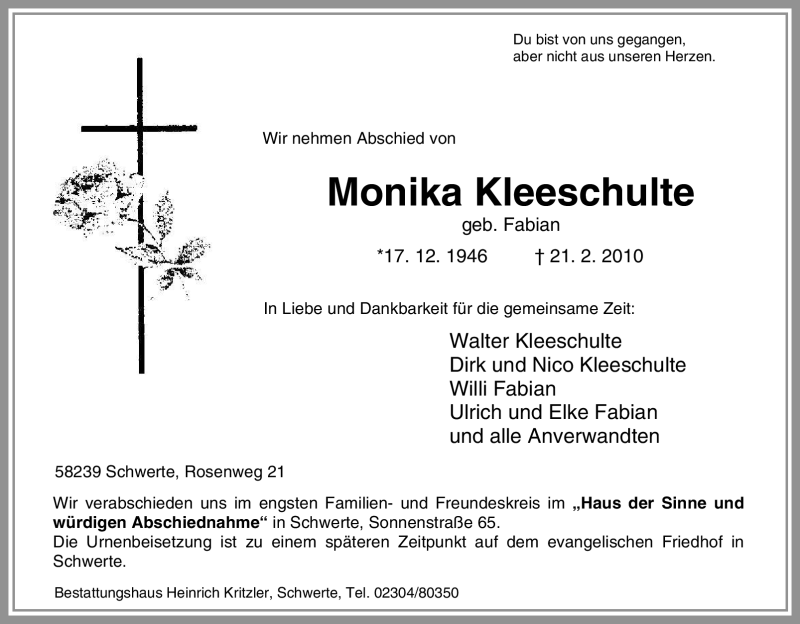  Traueranzeige für Monika Kleeschulte vom 24.02.2010 aus Tageszeitung