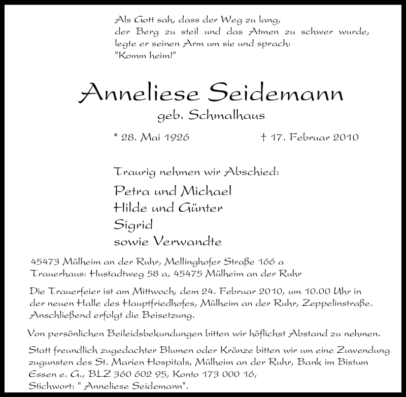  Traueranzeige für Anneliese Seidemann vom 20.02.2010 aus Tageszeitung