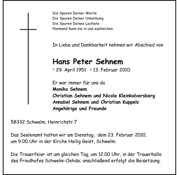Traueranzeige von Hans Peter Sehnem von Tageszeitung