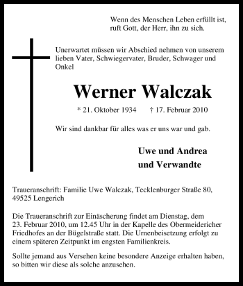 Traueranzeige von Werner Walczak von Tageszeitung