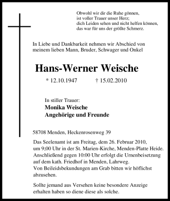 Traueranzeige von Hans-Werner Weische von Tageszeitung