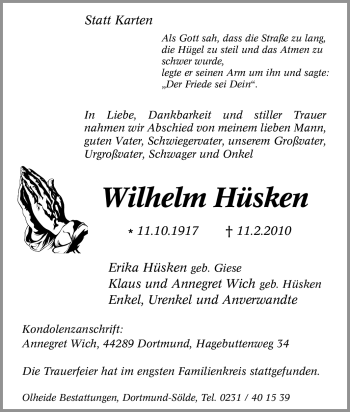 Traueranzeige von Wilhelm Hüsken von Tageszeitung