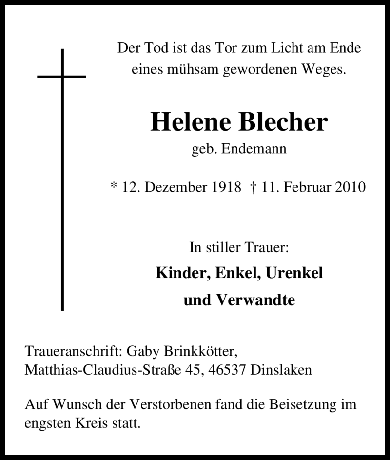  Traueranzeige für Helene Blecher vom 18.02.2010 aus Tageszeitung