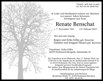 Traueranzeige von Renate Benschat von Tageszeitung