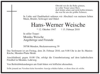 Traueranzeige von Hans-Werner Weische von Tageszeitung
