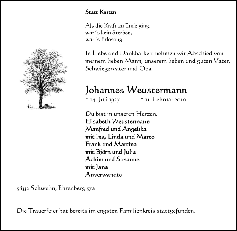  Traueranzeige für Johannes Weustermann vom 20.02.2010 aus Tageszeitung
