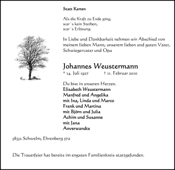 Traueranzeige von Johannes Weustermann von Tageszeitung