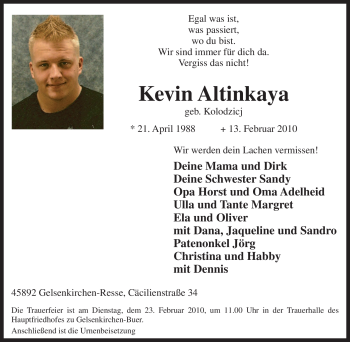 Traueranzeige von Kevin Altinkaya von Tageszeitung