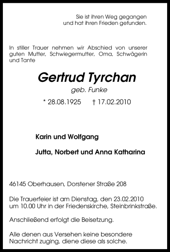 Traueranzeige von Gertrud Tyrchan von Tageszeitung