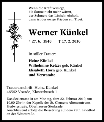 Traueranzeige von Werner Künkel von Tageszeitung