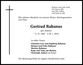Traueranzeige von Gertrud Rabanus von Tageszeitung
