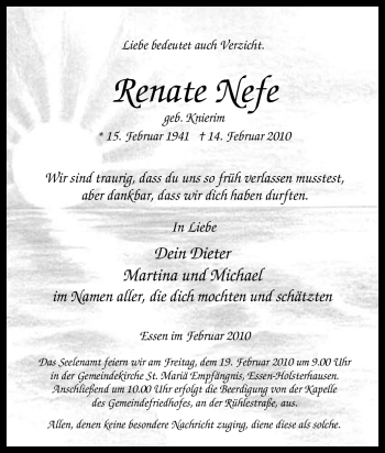 Traueranzeige von Renate Nefe von Tageszeitung