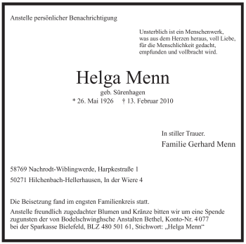 Traueranzeige von Helga Menn von Tageszeitung