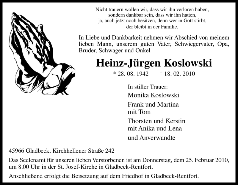  Traueranzeige für Heinz-Jürgen Koslowski vom 20.02.2010 aus Tageszeitung