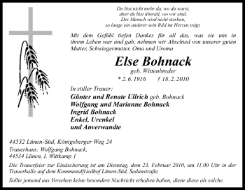 Traueranzeige von Else Bohnack von Tageszeitung