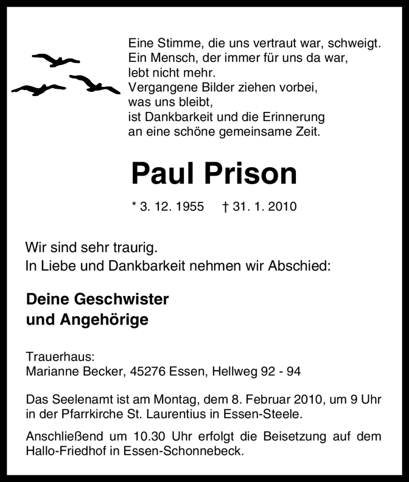  Traueranzeige für Paul Prison vom 03.02.2010 aus Tageszeitung