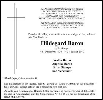 Traueranzeige von Hildegard Baron von Tageszeitung