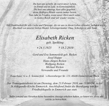 Traueranzeige von Elisabeth Ricken von Tageszeitung