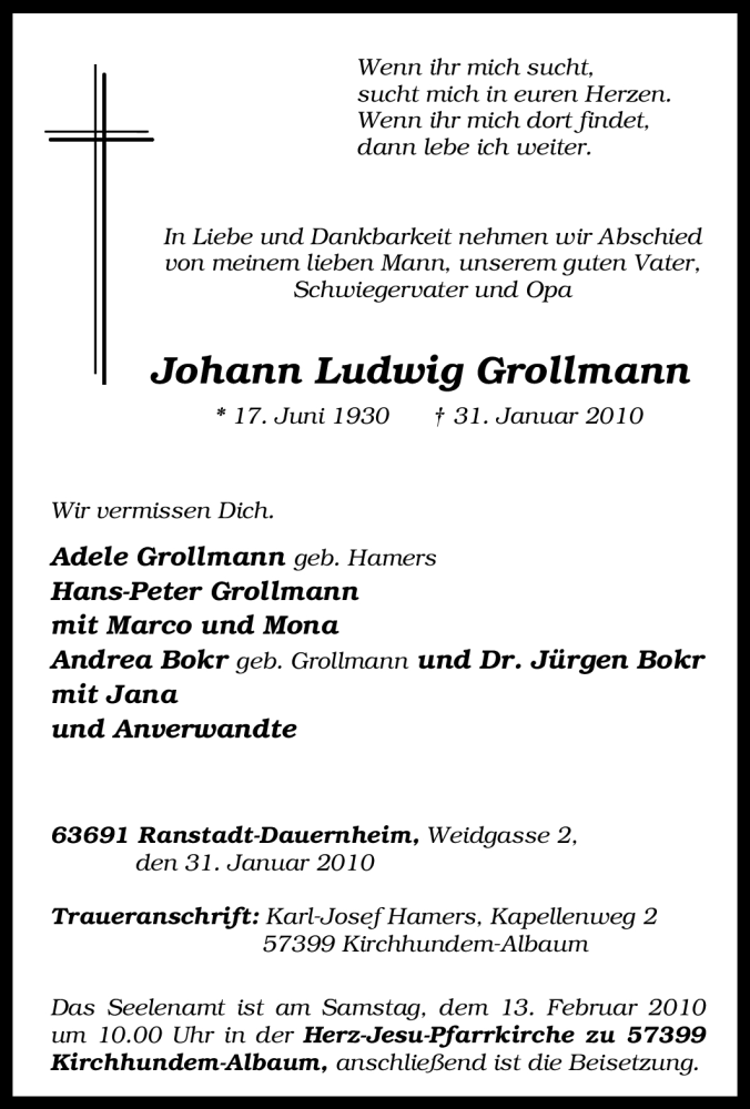  Traueranzeige für Johann Ludwig Grollmann vom 09.02.2010 aus Tageszeitung